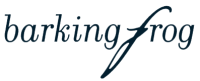 An elegant logo featuring the words "barking frog" in a stylized font, with a flowing line extending from the "f" resembling a frog's leg.