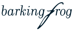An elegant logo featuring the words "barking frog" in a stylized font, with a flowing line extending from the "f" resembling a frog's leg.