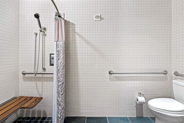 The image shows an accessible bathroom with a shower area, a bench, and a toilet all equipped with grab bars for enhanced safety and convenience.