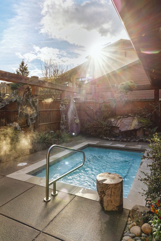 Outdoor hydrotherapy pool in secluded courtyard.