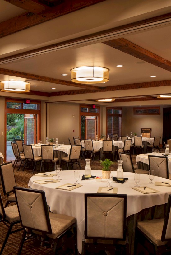 A well-lit conference room with round tables set for a meeting or event, featuring a projector screen, chairs, and a garden view through large windows.