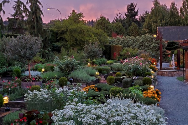 A beautifully landscaped garden features a variety of plants, flowers, a pathway, and subtle lighting under a serene sunset sky, creating a tranquil scene.