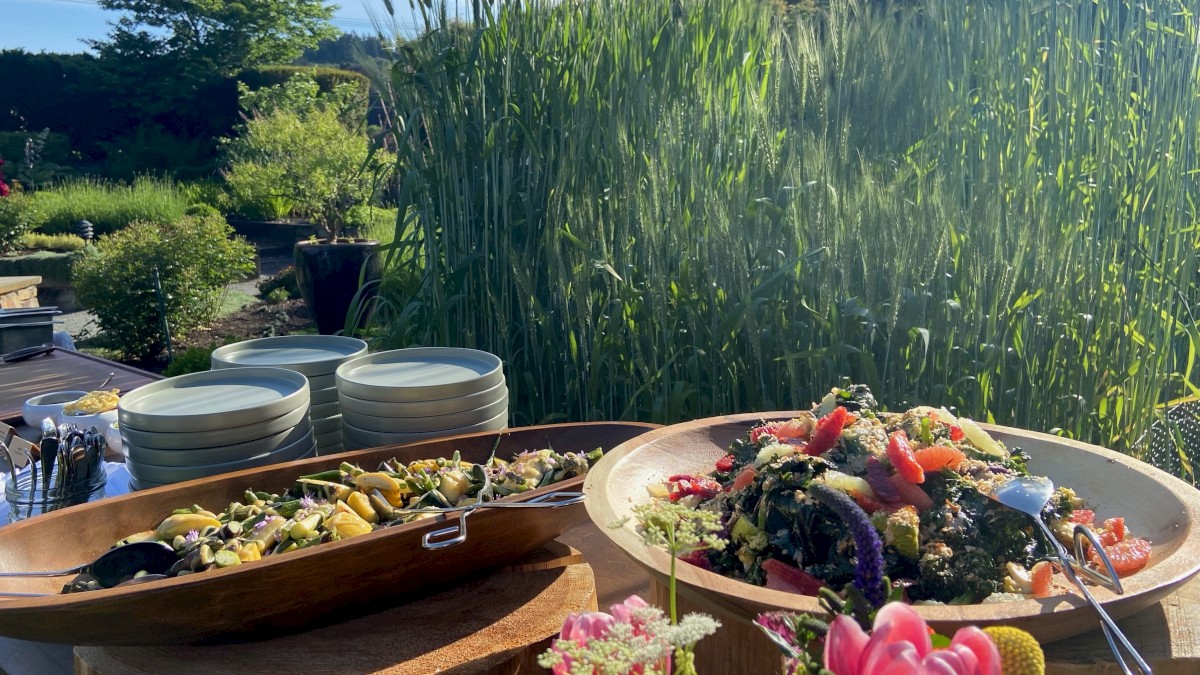 The image shows a garden setting with a buffet featuring bowls of colorful salads, stacks of plates, and a flower arrangement.