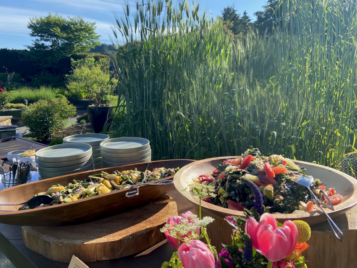 The image shows a garden setting with a buffet featuring bowls of colorful salads, stacks of plates, and a flower arrangement.