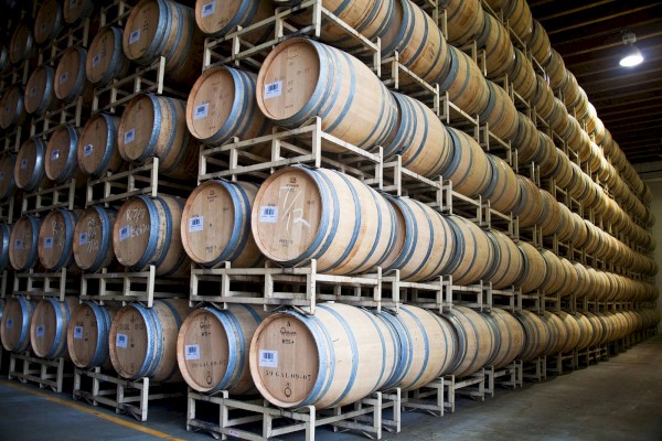 The image shows a storage facility with multiple rows of wooden barrels stacked on metal racks, likely used for aging wine or spirits.