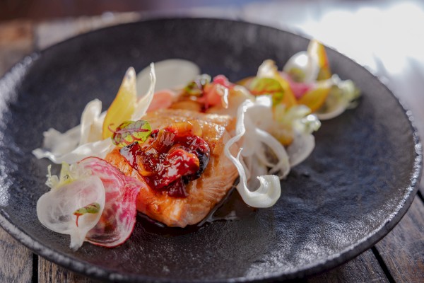 A beautifully plated dish featuring a piece of grilled or roasted fish topped with a colorful mix of vegetables and garnished with fresh greens.