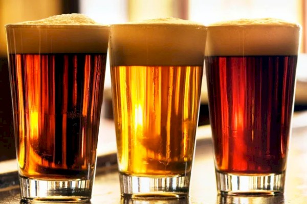 Three glasses of beer are lined up, featuring different types and shades of amber, each topped with a foamy head.