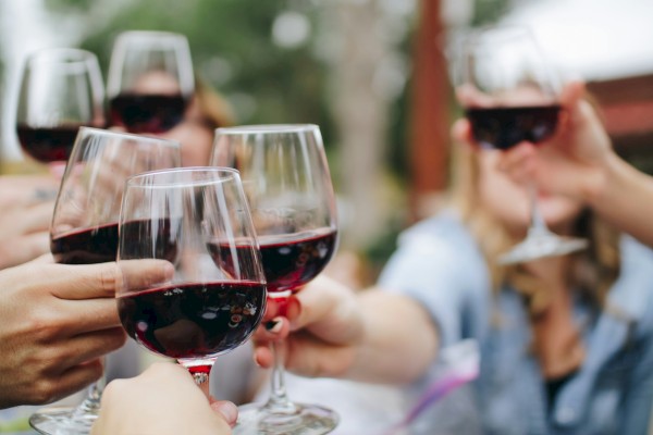 A group of people raising glasses filled with red wine in a toast, enjoying a social gathering outdoors.