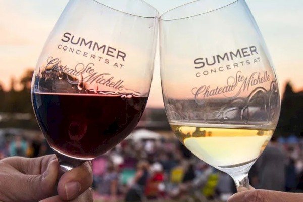 Two people clinking glasses of red and white wine at an outdoor event, labeled 