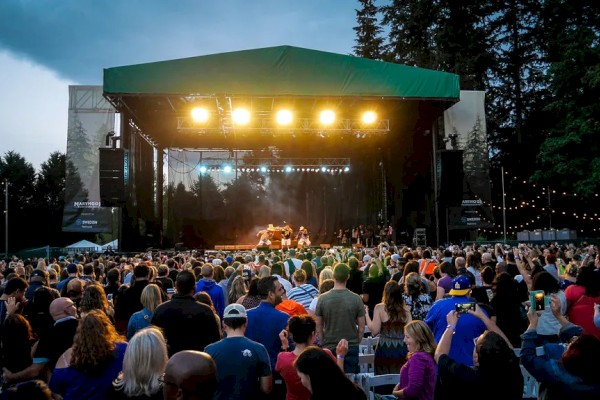 A large crowd watches a performance on an outdoor stage with bright lights, surrounded by trees under a cloudy sky.