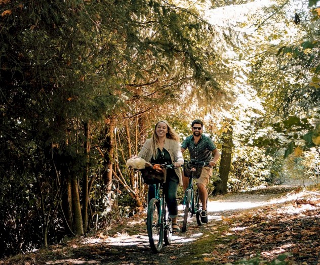 Two people are riding bicycles on a shaded, forested path, enjoying a sunny day surrounded by lush green trees and foliage.