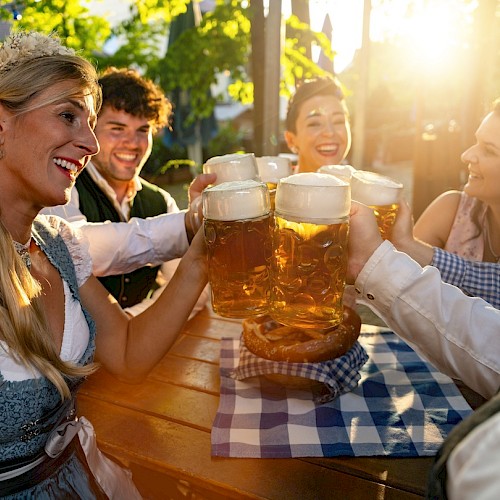 A group of people are enjoying a sunny outdoor gathering, toasting with large mugs of beer, with one woman dressed in traditional attire.