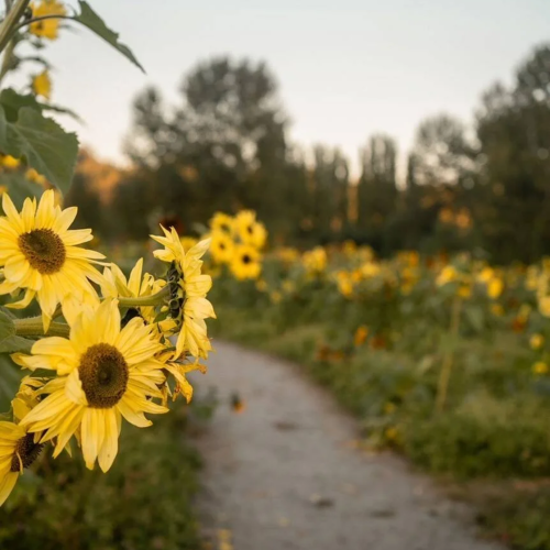 A dirt path winds through a lush field of vibrant sunflowers, with trees in the background and the sky transitioning to sunset or sunrise.