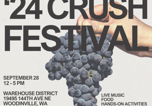 The image is an advertisement for Woodinville Warehouse Wineries '24 Crush Festival on September 28, from 12-5 PM with live music, food, and activities.