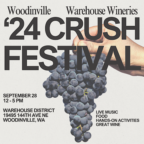 The image is an advertisement for Woodinville Warehouse Wineries '24 Crush Festival on September 28, from 12-5 PM with live music, food, and activities.