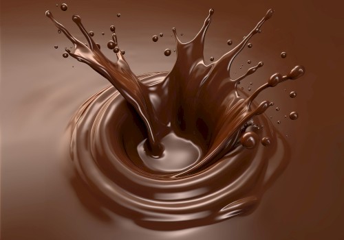 A close-up of a chocolate splash captured in mid-air, with several droplets flying around and a smooth surface of liquid chocolate surrounding it.