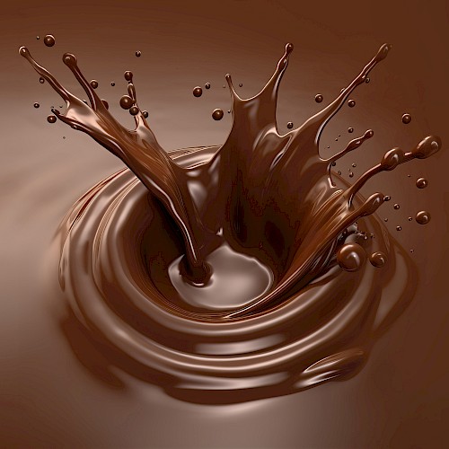 A close-up of a chocolate splash captured in mid-air, with several droplets flying around and a smooth surface of liquid chocolate surrounding it.