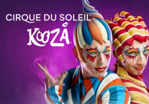 The image shows two performers in colorful costumes and makeup from Cirque du Soleil's Kooza, set against a purple background.