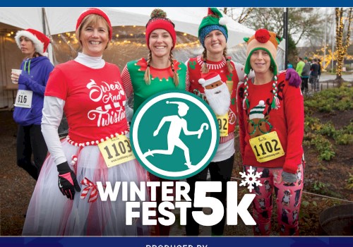 Four people in festive attire at Winterfest 5K, with event details: Saturday, December 7, 2024. Produced by Woodinville Chamber.