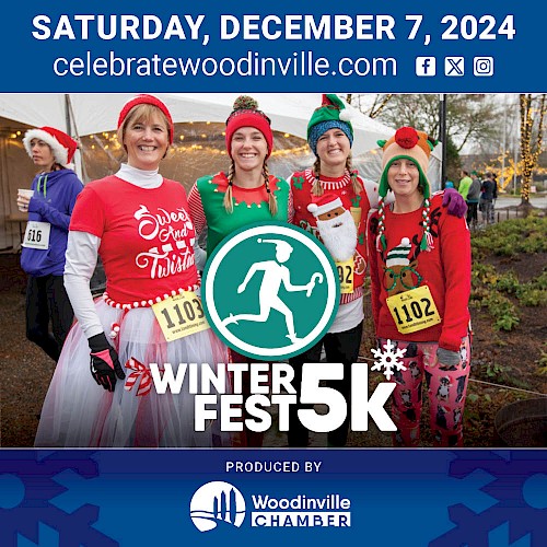 Four people in festive attire at Winterfest 5K, with event details: Saturday, December 7, 2024. Produced by Woodinville Chamber.